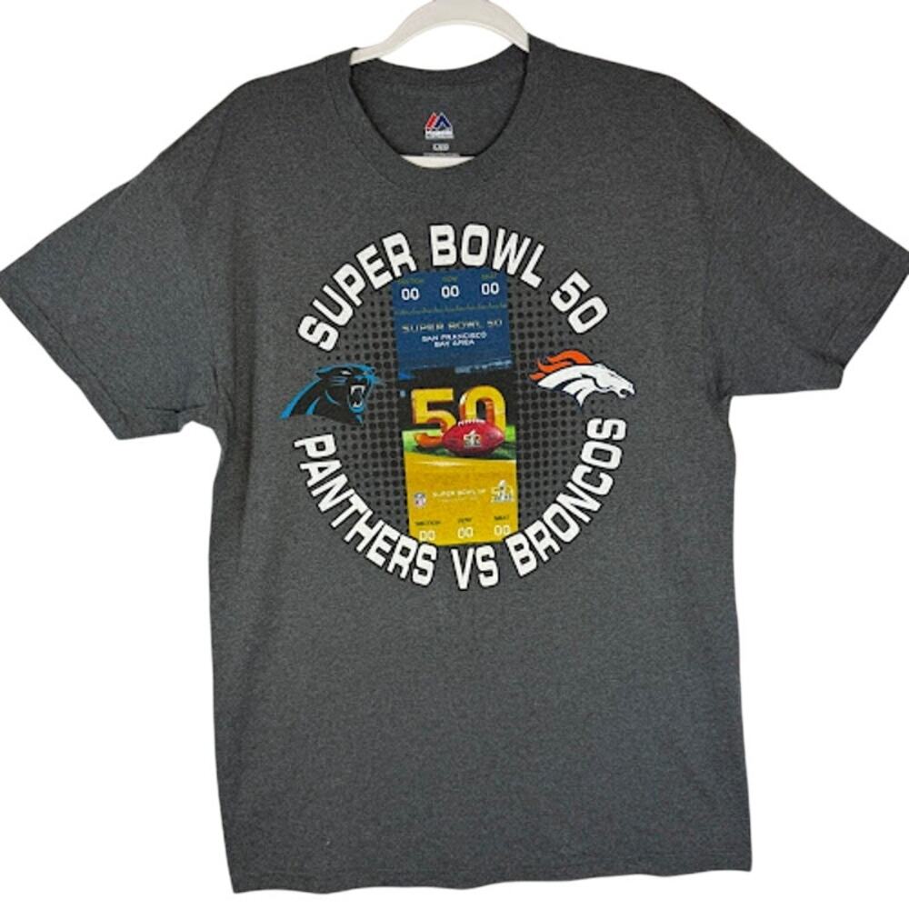 Majestic NFL Super Bowl 50 Ticket T-Shirt Large Gray Broncos vs Panthers 2016